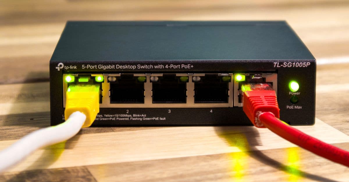 Close-up of a TP-Link Ethernet switch with yellow, red, and white cables connected.