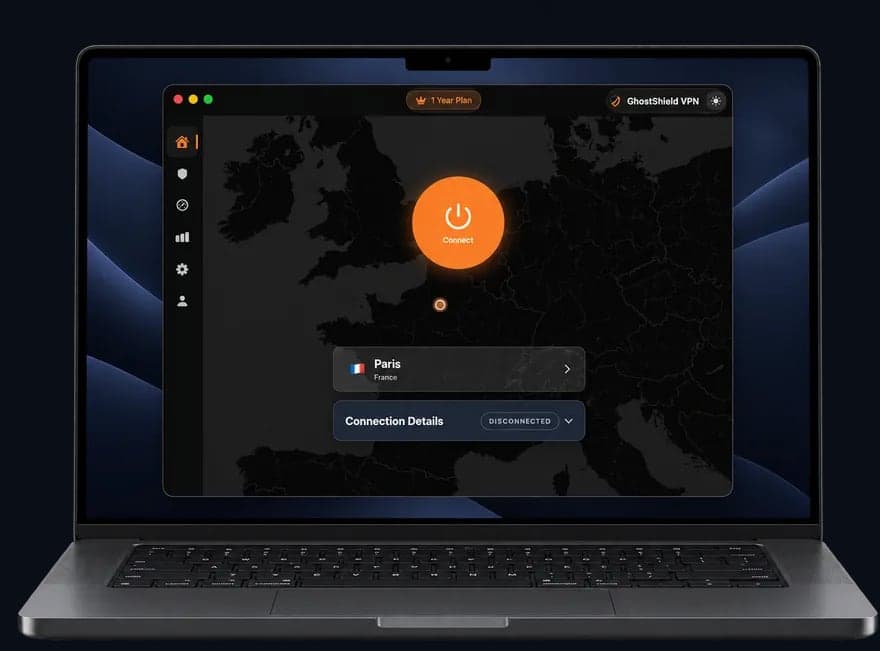 GhostShield VPN app on a MacBook