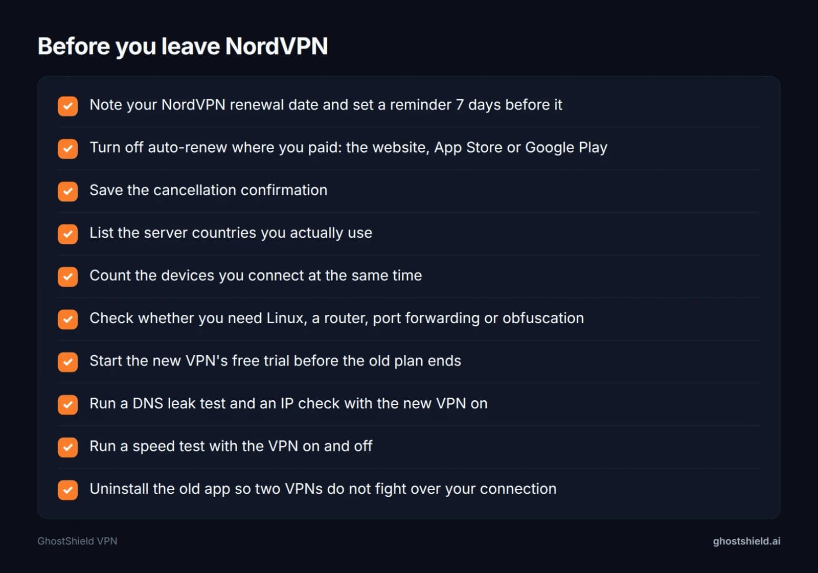 Checklist of steps before switching from NordVPN to another VPN