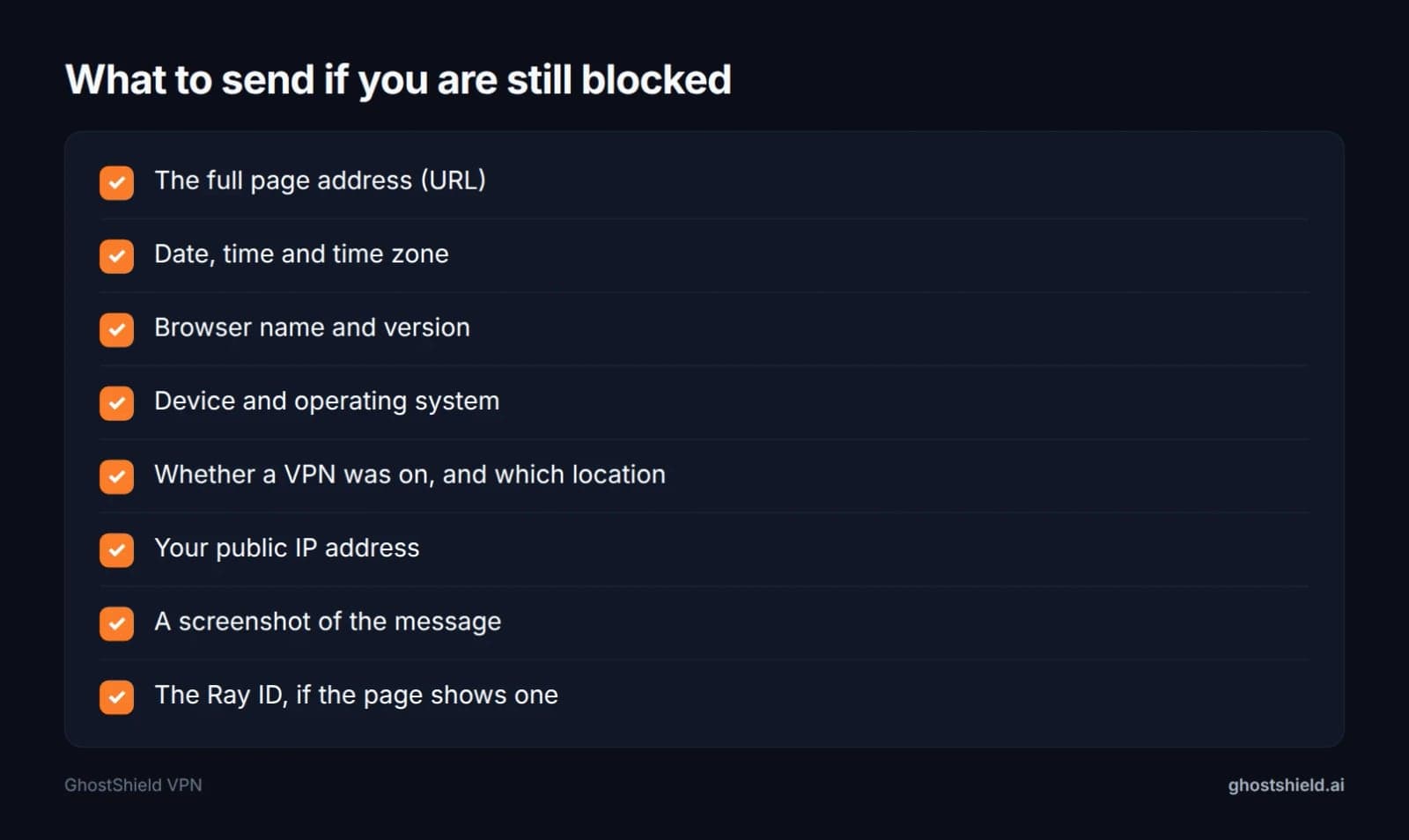Checklist of details to send to a website or Cloudflare Support