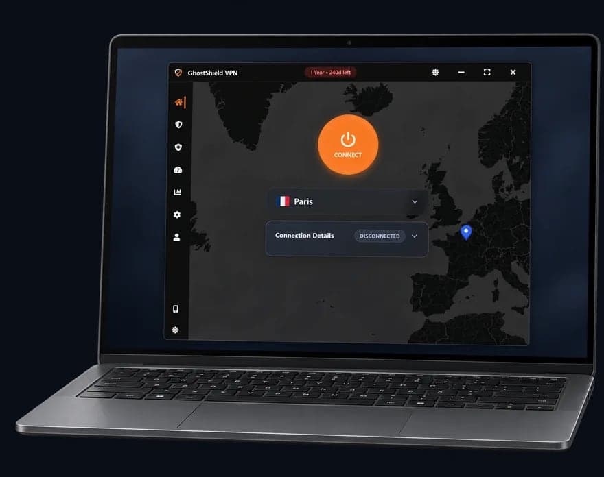 GhostShield VPN app running on a Windows laptop