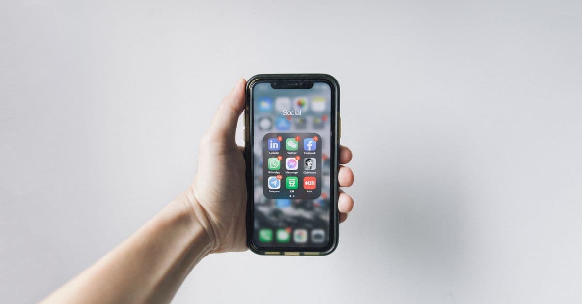 Hand holding smartphone displaying social media apps on home screen.