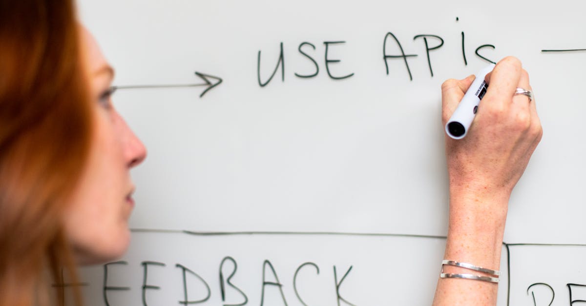 A woman writes 'Use APIs' on a whiteboard, focusing on software planning and strategy.