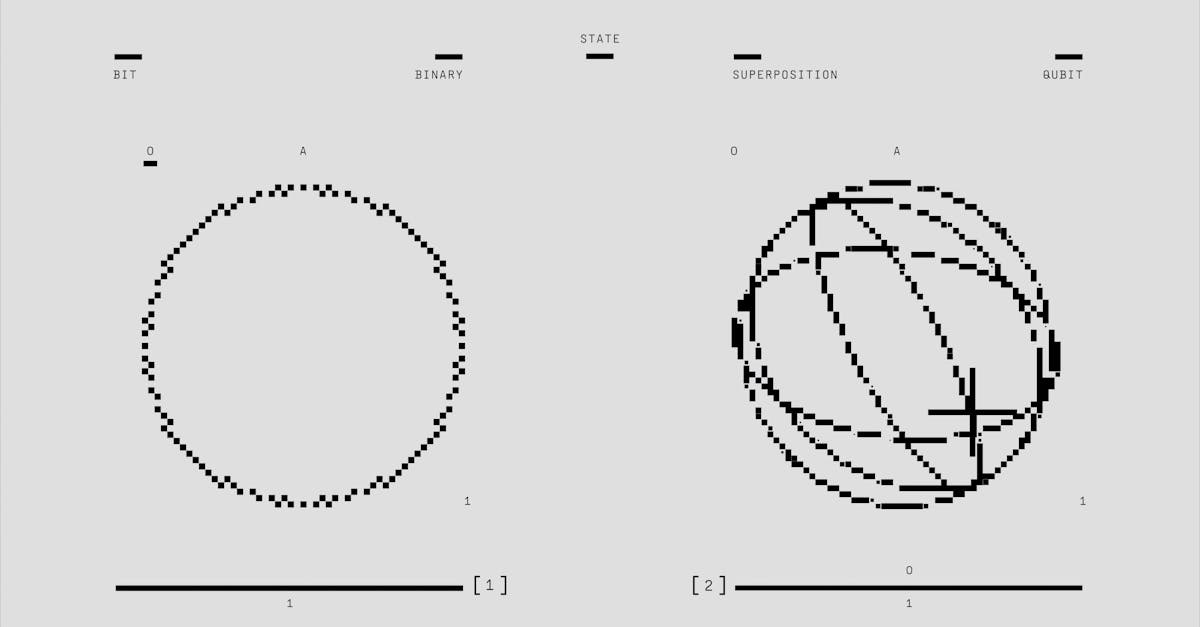 Illustration depicting classical binary bit and quantum qubit states in superposition and binary.