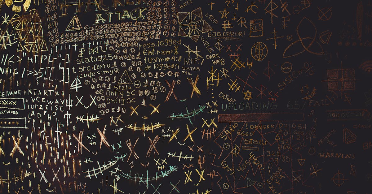 Complex chalkboard art featuring hacking symbols, codes, and geometric patterns.