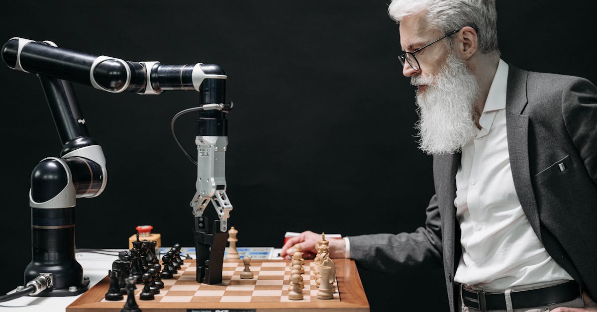 A man plays chess against an AI robotic arm, showcasing technology and strategy innovation.