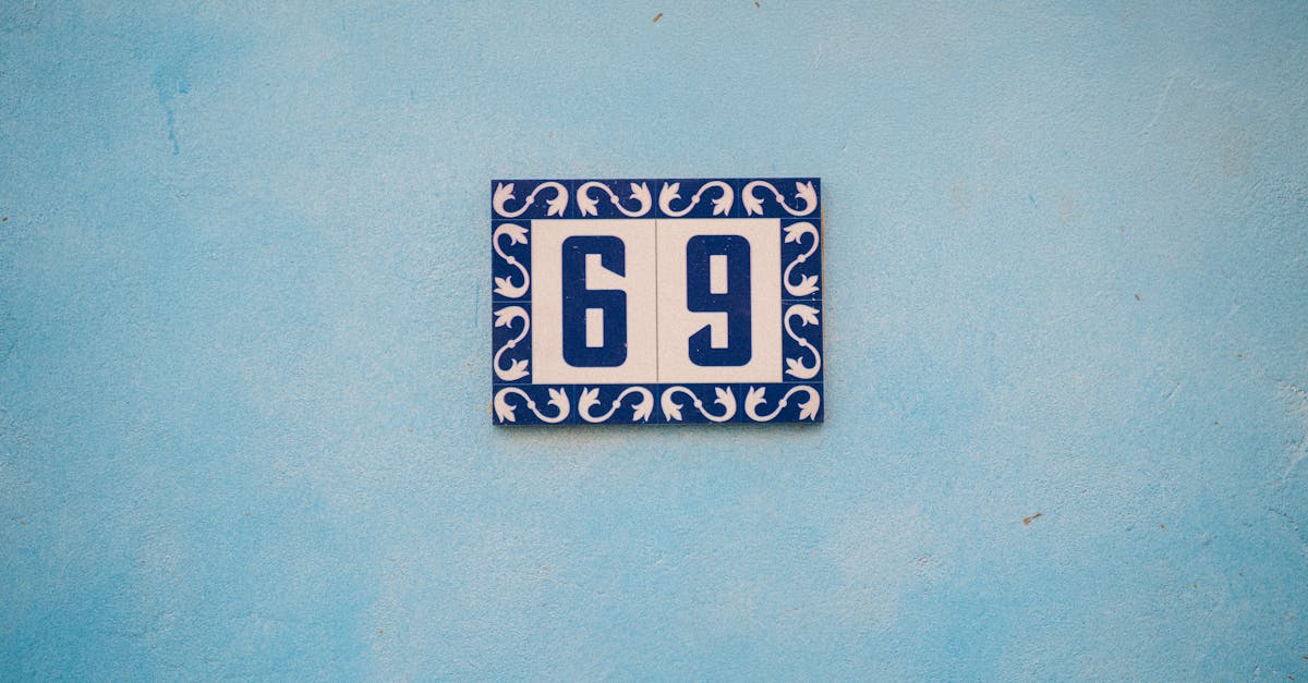 A stylish blue and white house number 69 on a textured blue wall.