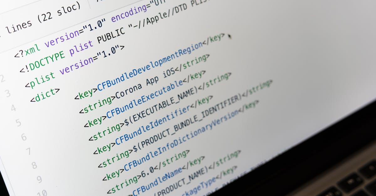 Detailed view of XML coding on a computer screen, showcasing software development.