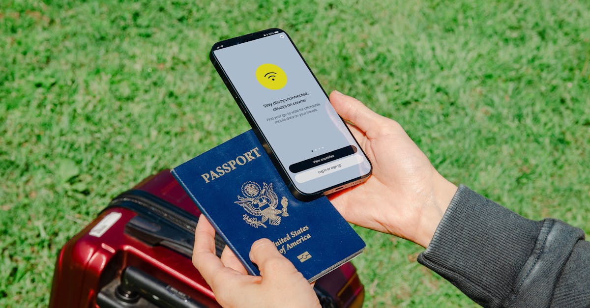 Close-up of hands holding a passport and smartphone with lost connection outdoors beside luggage.