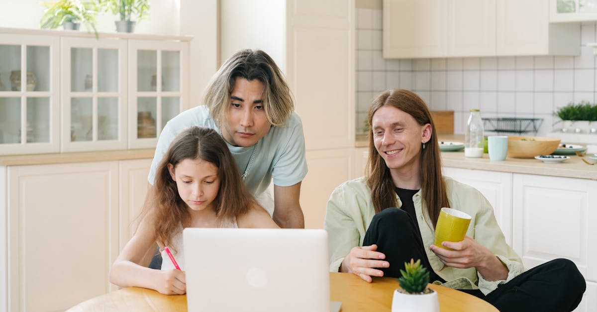 Family of three engaged in online activities at home with a diverse setting and warm ambiance.